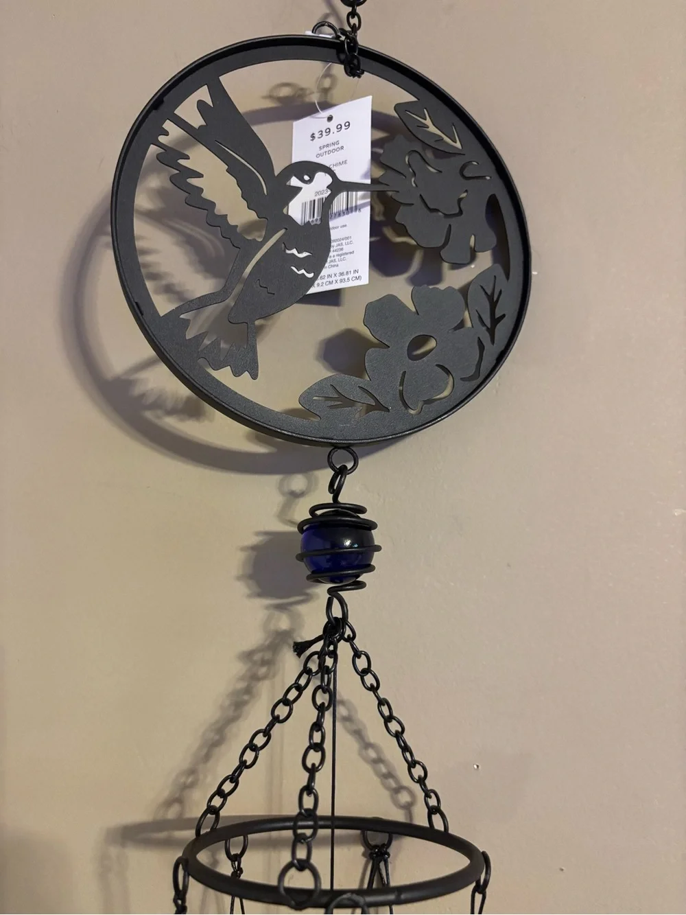 New Outdoor Metal Hummingbird Wind Chime - Black w/ Blue Glass Ball, 40” long